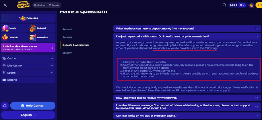 Morospin Casino KYC requirements.