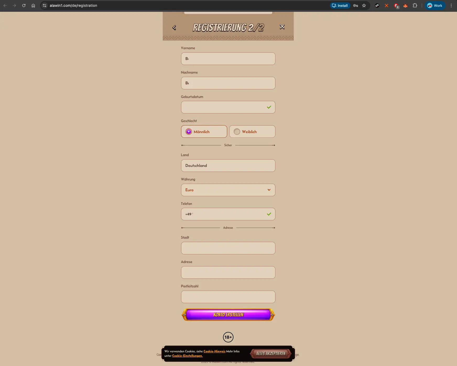 Alawin casino register screen