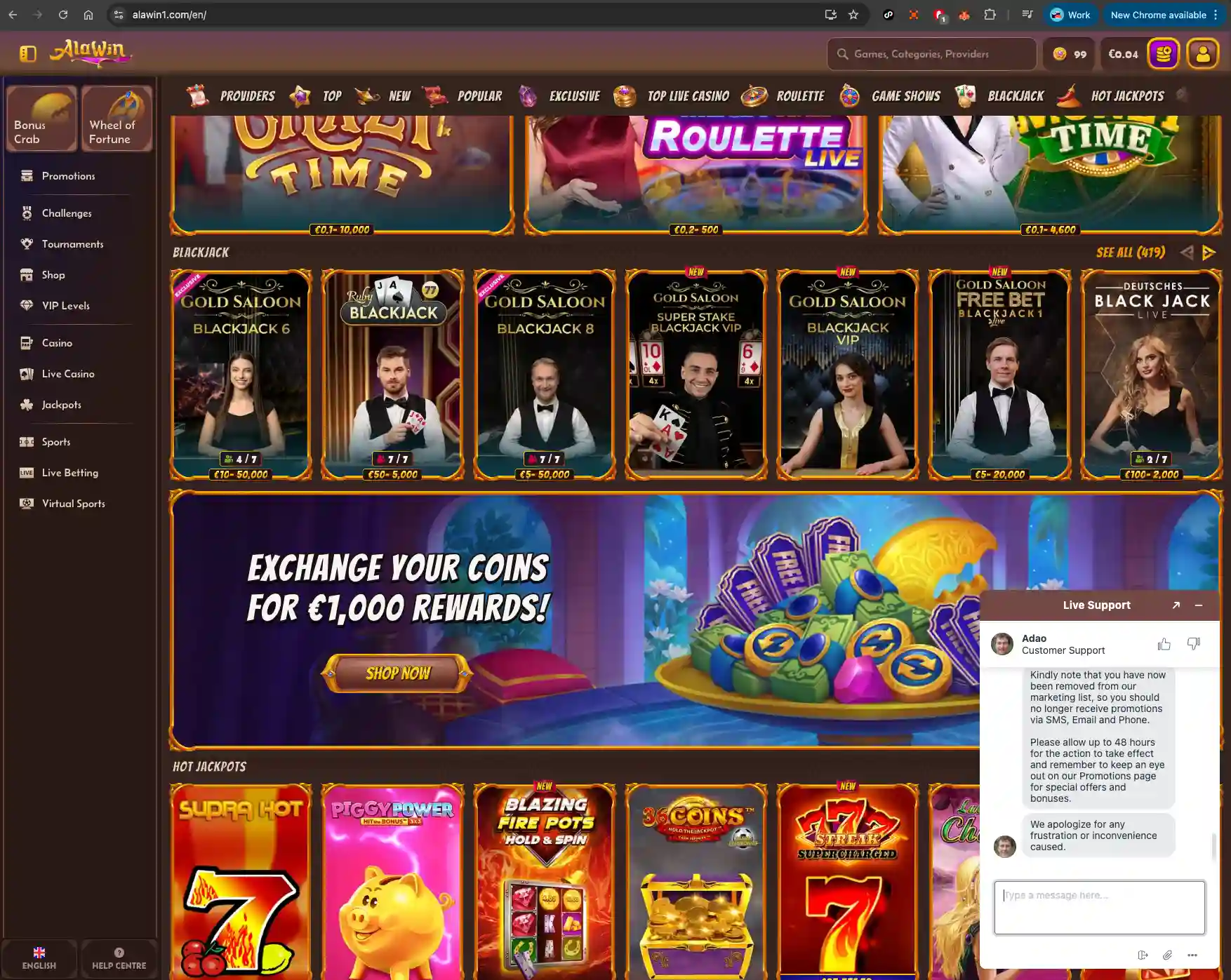 Alawin casino homepage screen