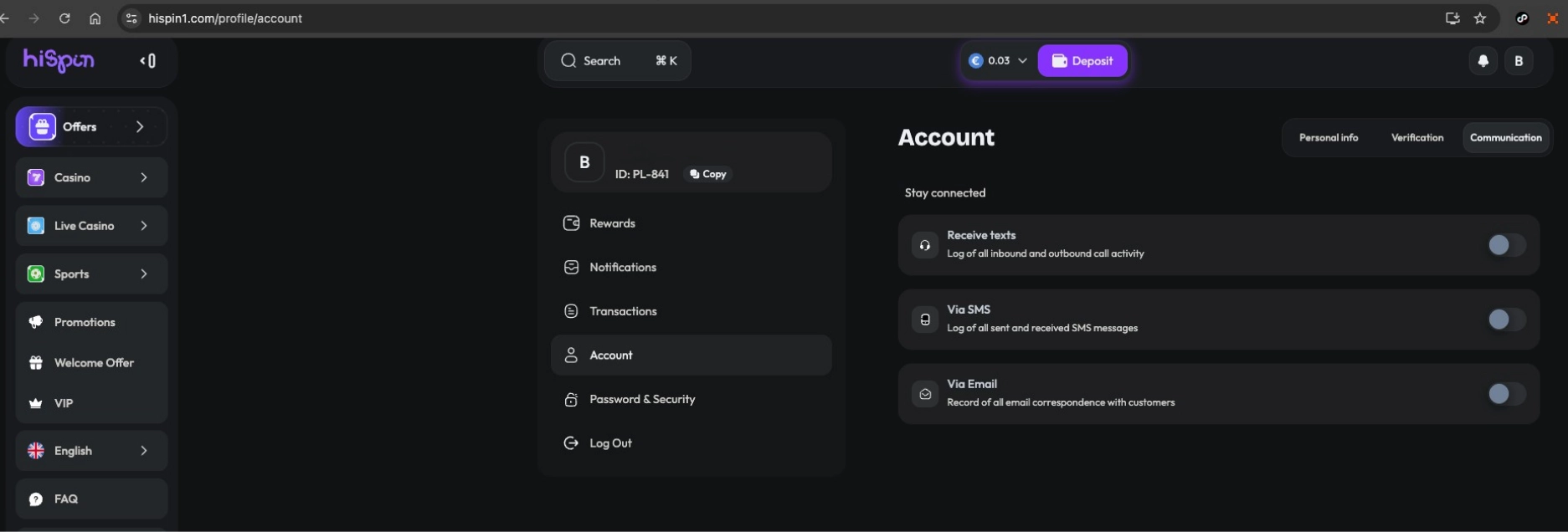 HiSpin casino account settings screen