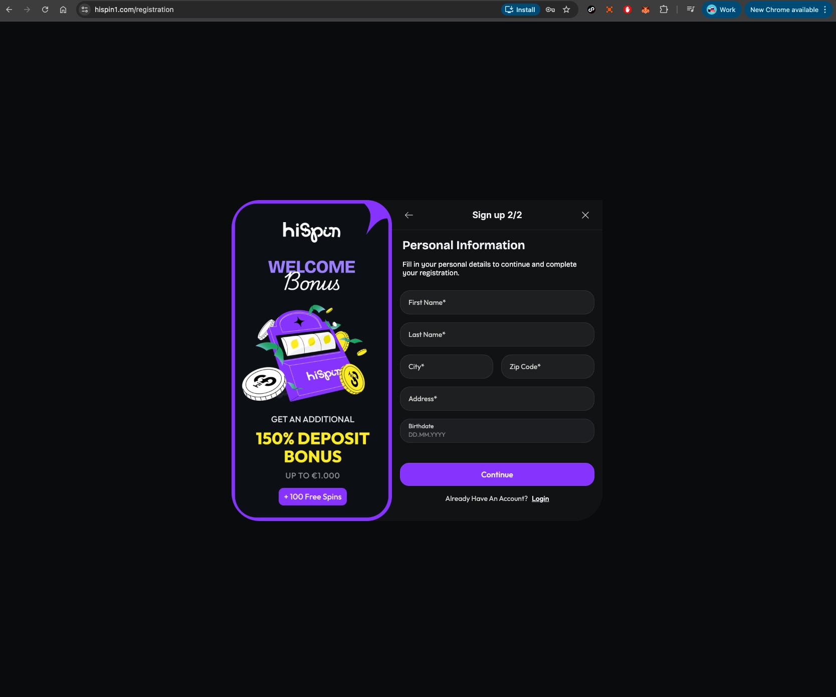 HiSpin casino sign up screen