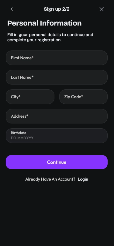HiSpin casino sign up screen