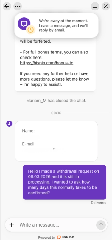 HiSpin casino live chat screen
