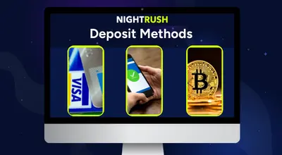 Monitor showing deposit methods: Visa cards, mobile payments, and Bitcoin.