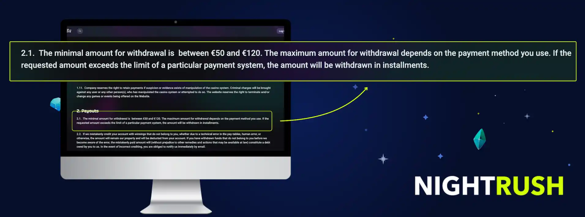 A magnified text box highlights the min withdrawal amounts in the terms for Needforslots Casino.