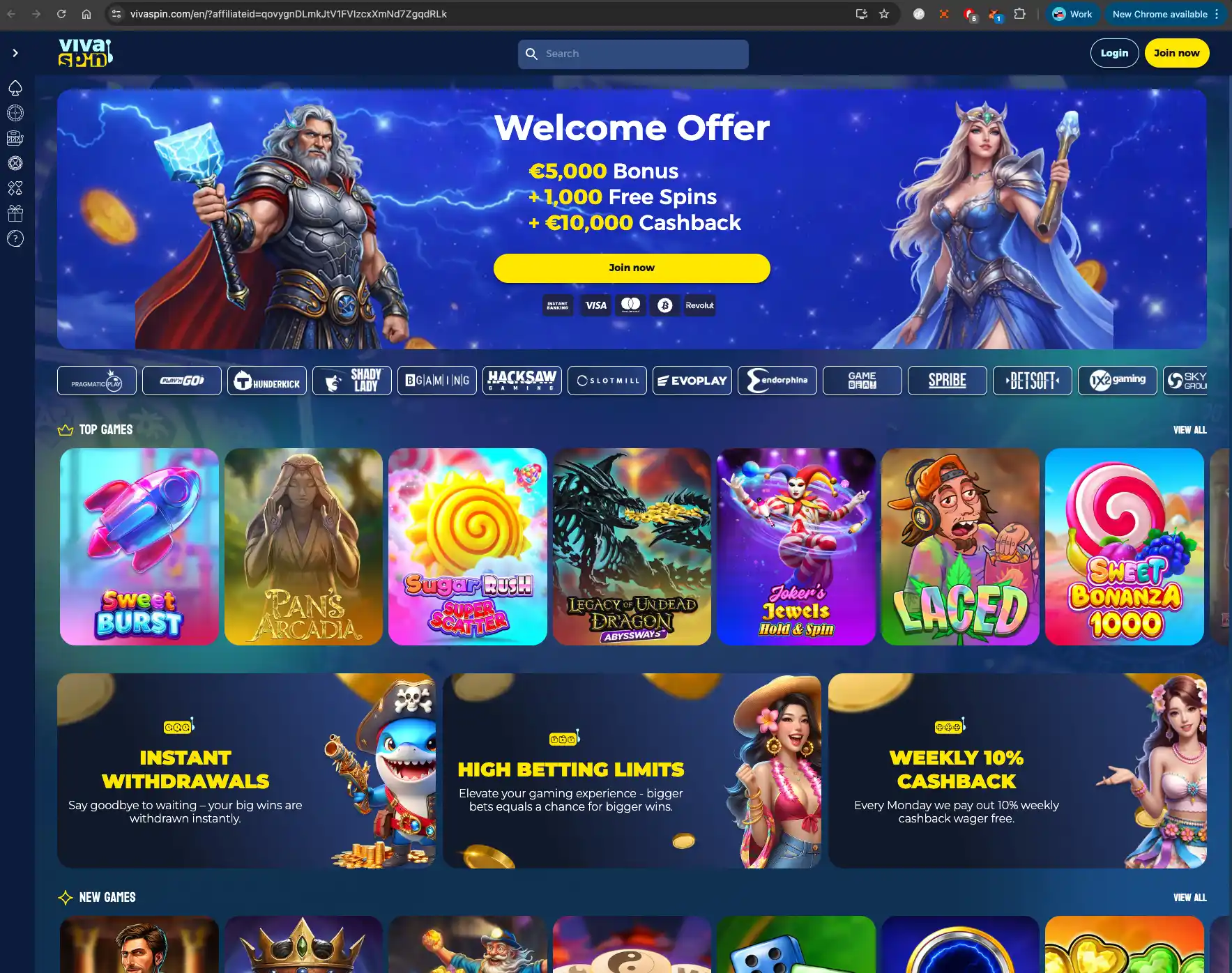Vivaspin casino homepage screen