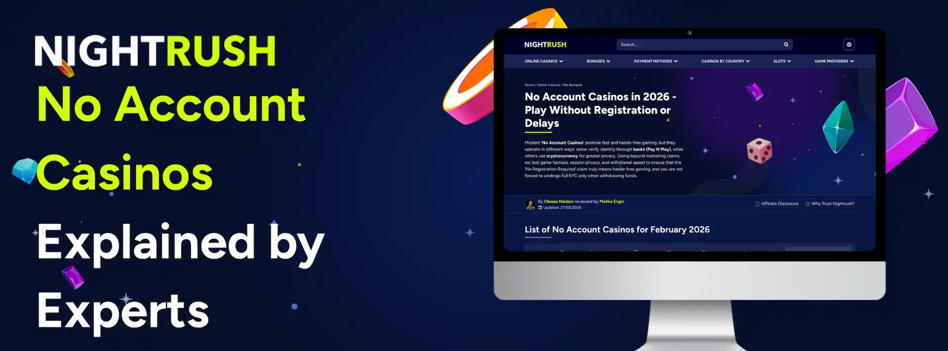Promotional banner for Nightrush featuring an expert guide to No Account Casinos.
