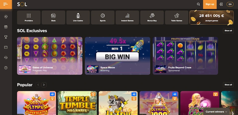 SOL Casino main page screen.