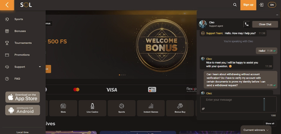 SOL Casino live chat conversation