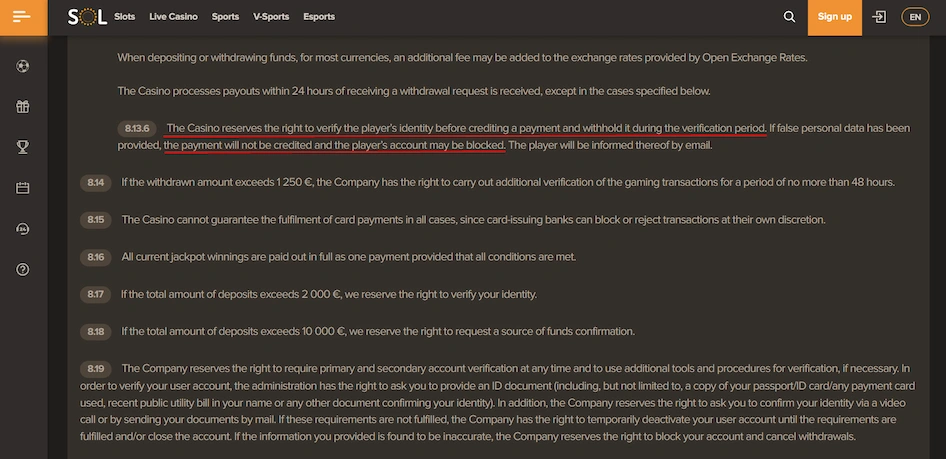 SOL casino account verification terms.