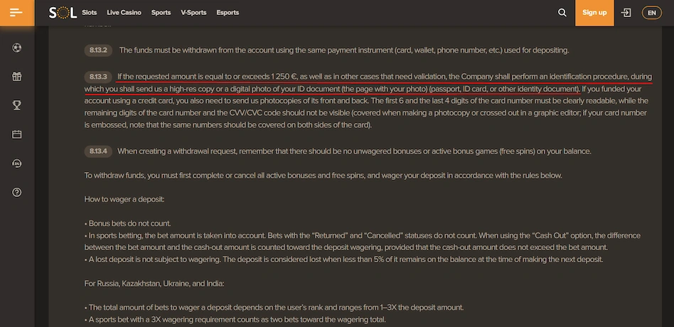 SOL Casino terms and conditions.