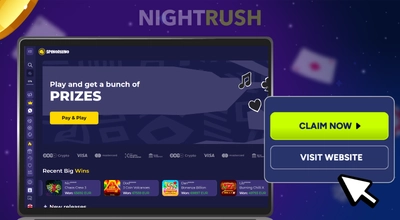 Spinorhino Casino's main page on a laptop with a claim now button and a cursor against a purple background.