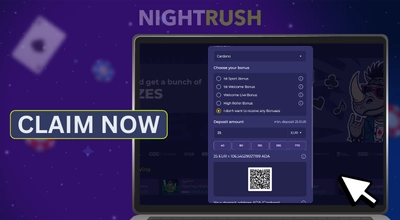 Spinorhino Casino's bonuses on a laptop with a claim now button and a cursor against a purple background.