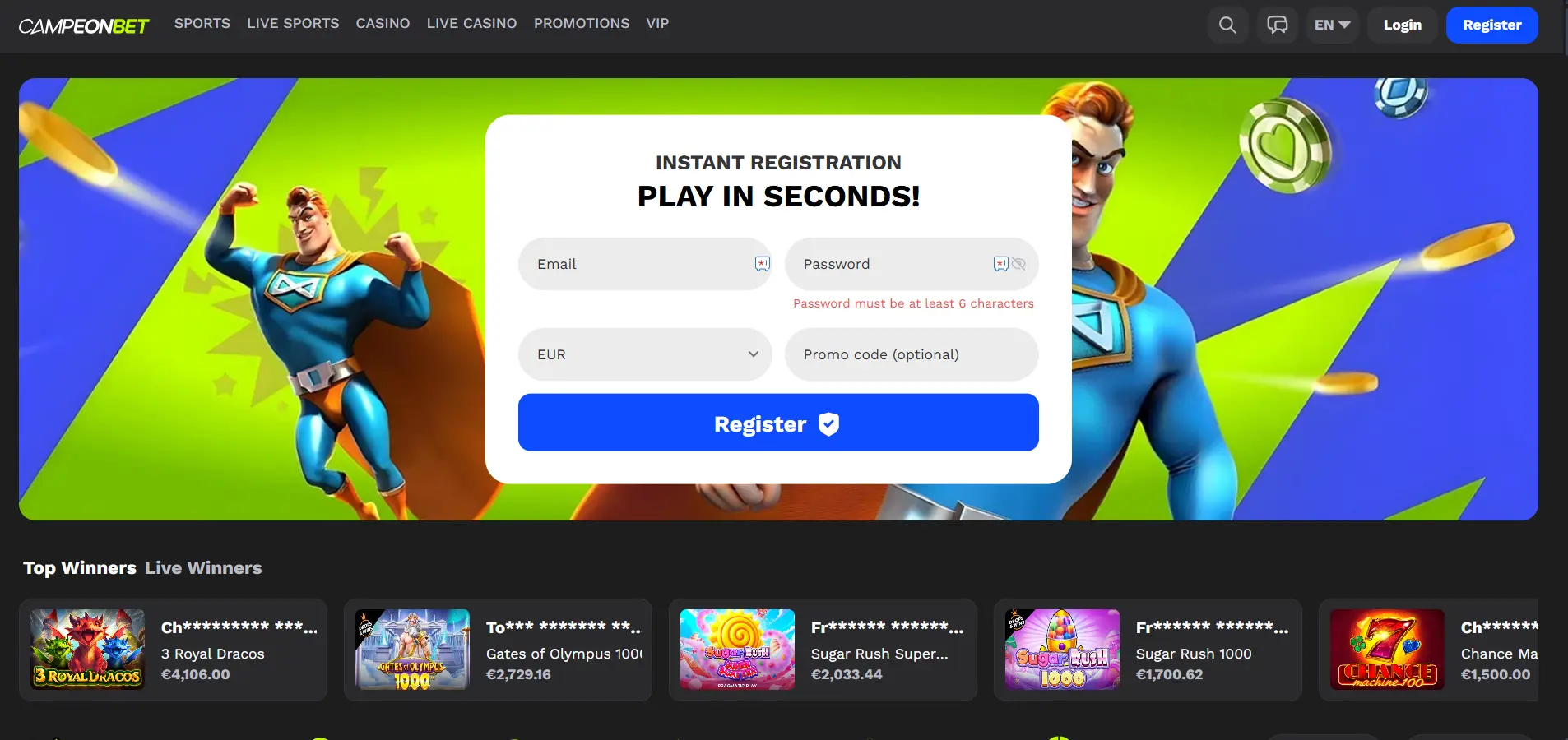 Campeonbet's landing page with the instant registration logo and top winners against a black background.