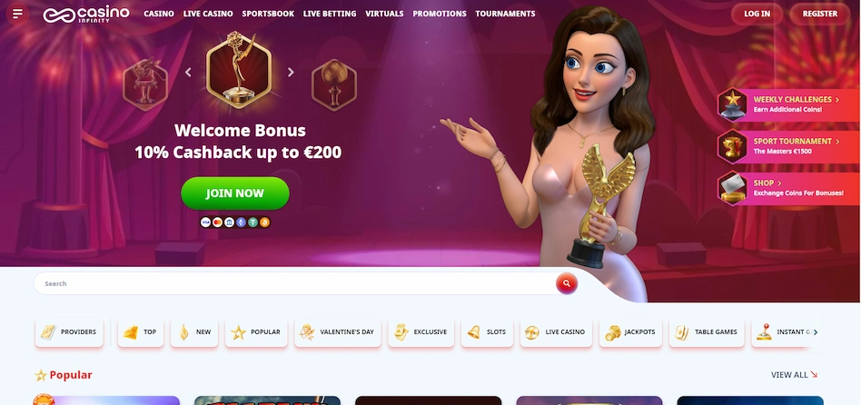 Casino Infinity's homepage with an illustrated woman accepting an award against a pink/white background.