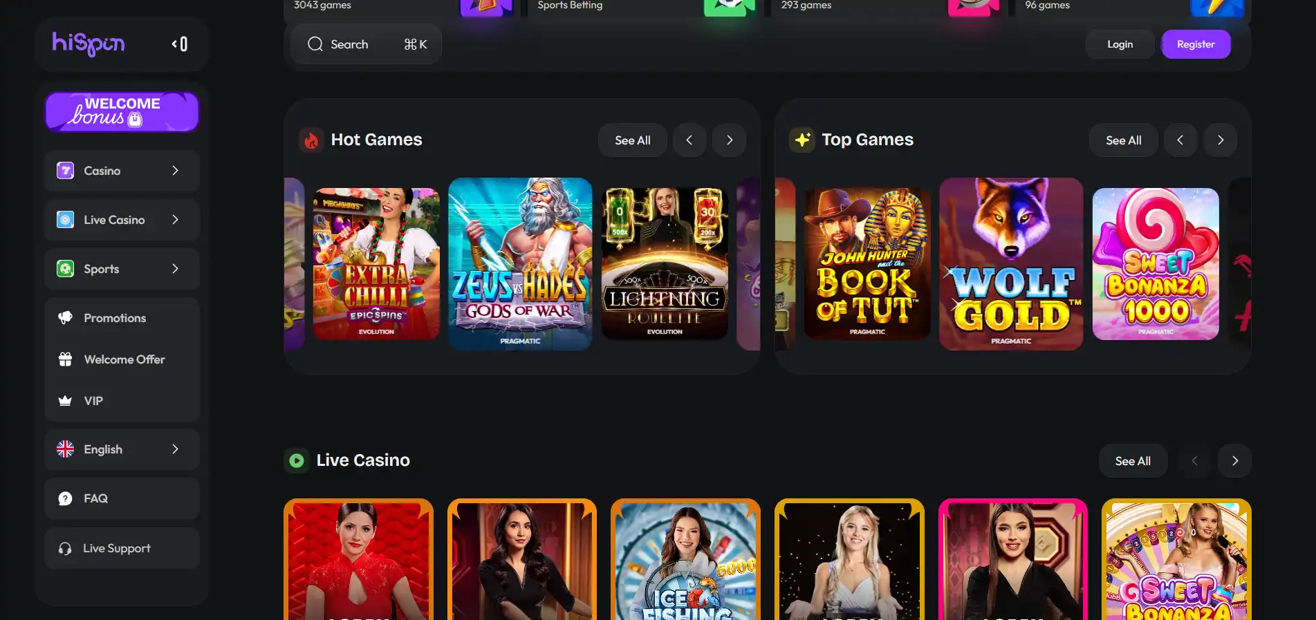 HiSpin Casino's main page with selected titles and menu options against a black background.