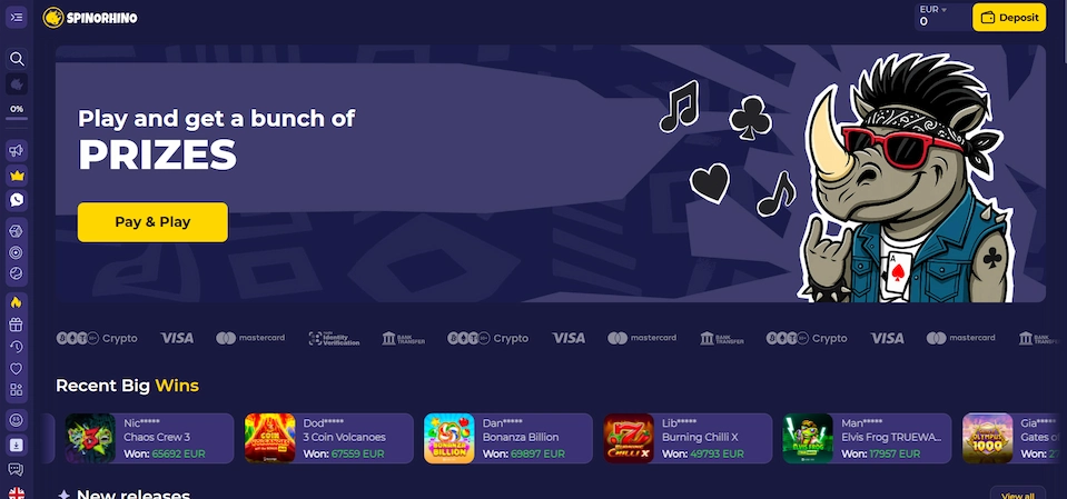 Spinorhino Casino's main page with a rhinoceros figure and menu against a blue background.