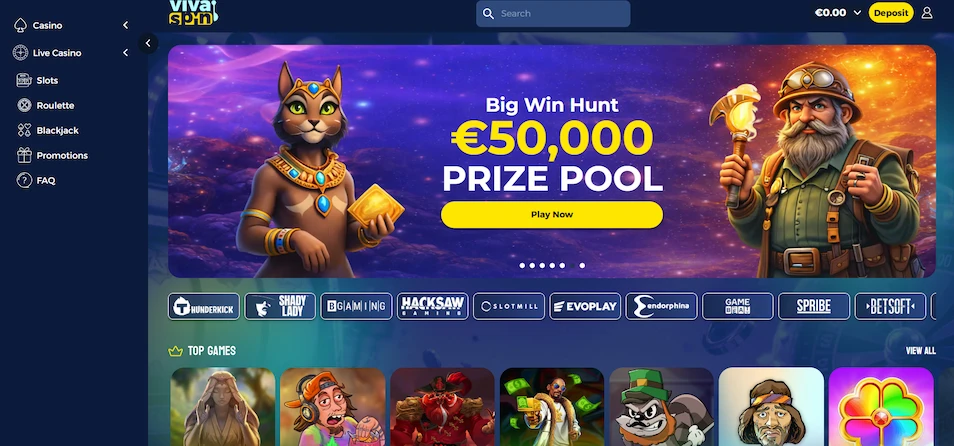 Vivaspin landing page with a tournament banner and menu options against a blue backdrop.