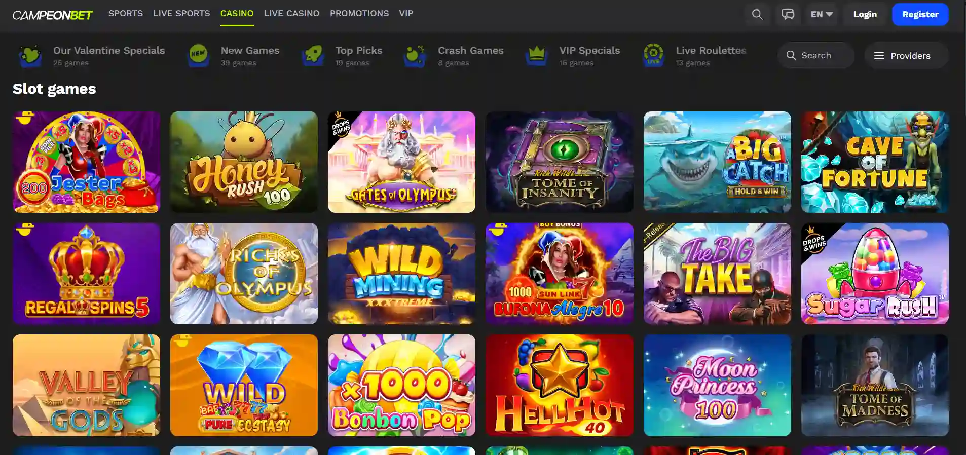 Campeonbet's games with slot games and filtering options against a black background.