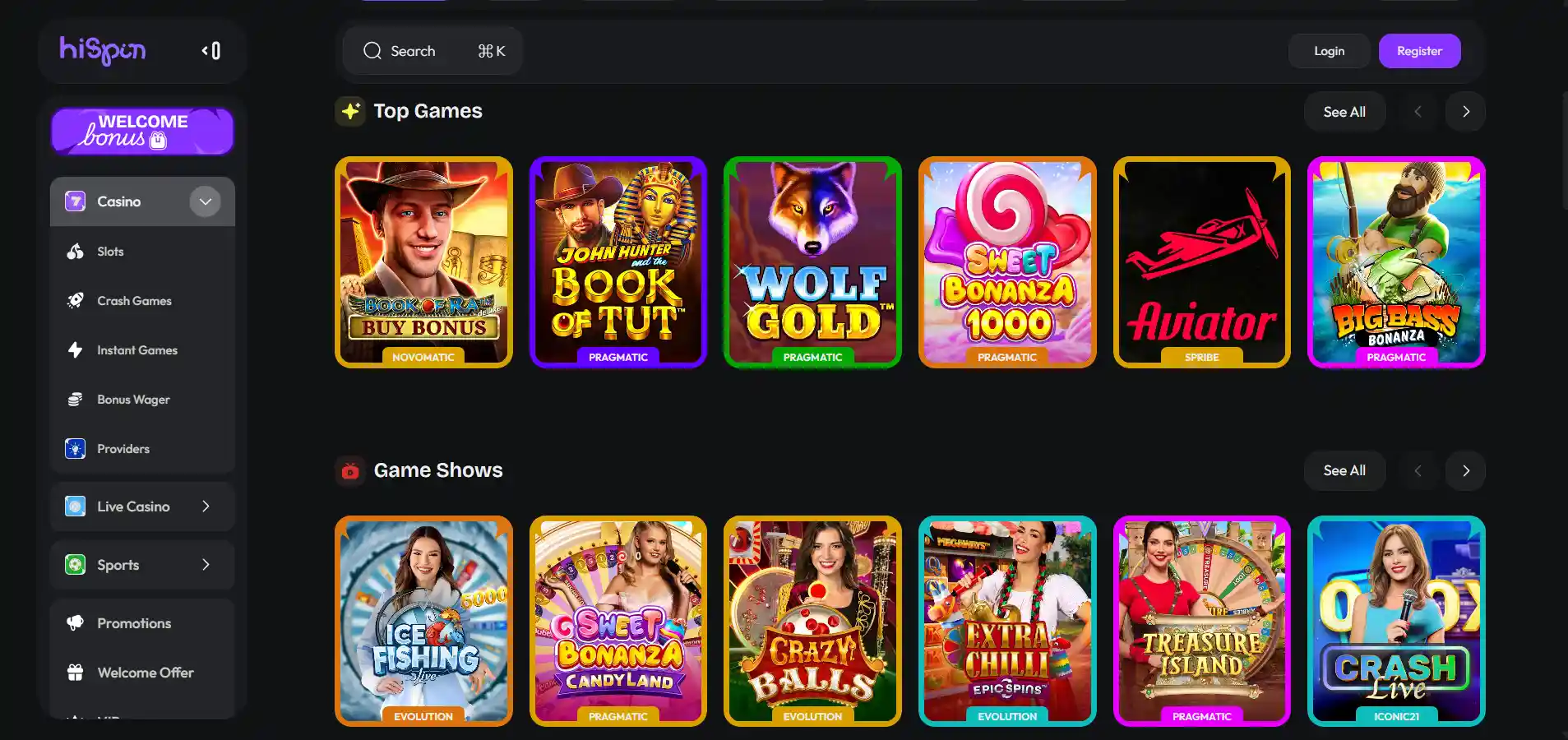 HiSpin Casino's games with selected top titles and menu options against a black background.