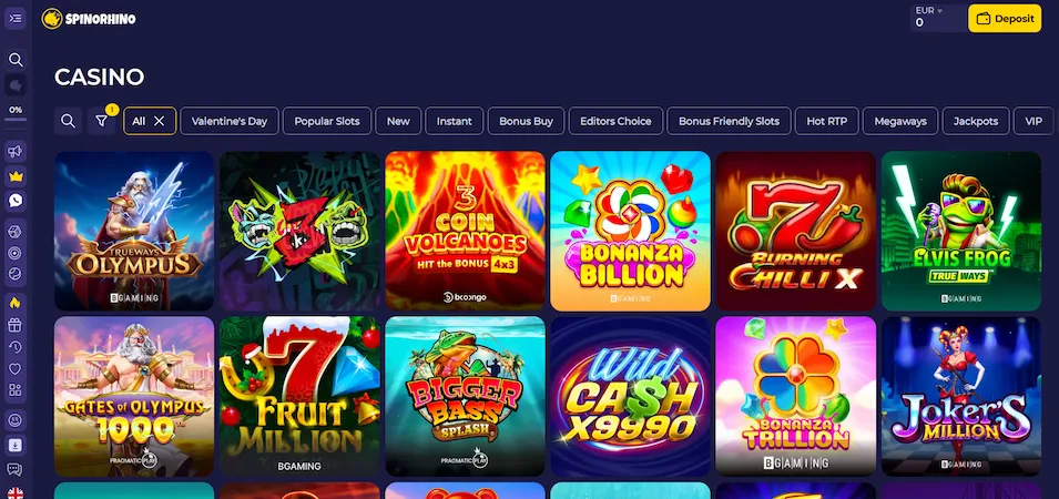 Spinorhino Casino's games, filters and menu against a blue background.