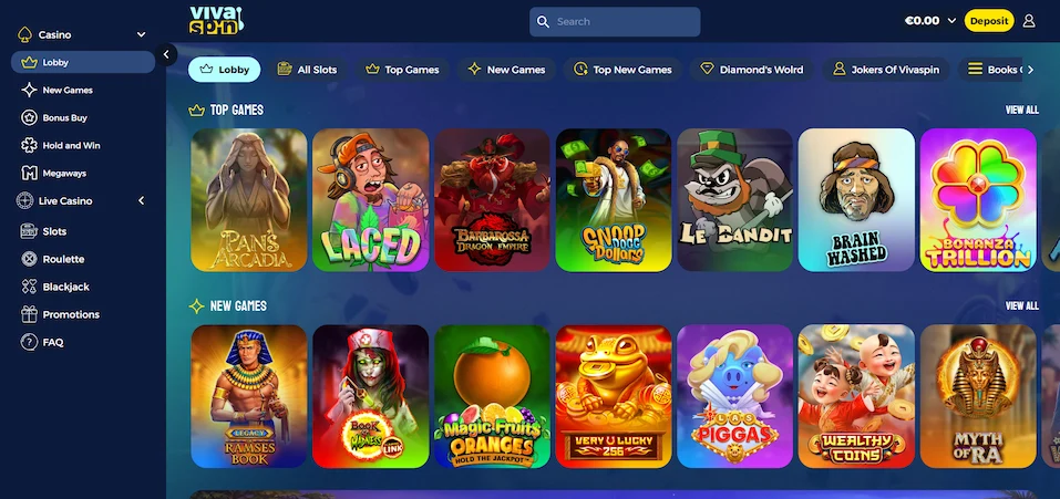 Vivaspin Casino's games with selected game titles and a menu against a blue backdrop.
