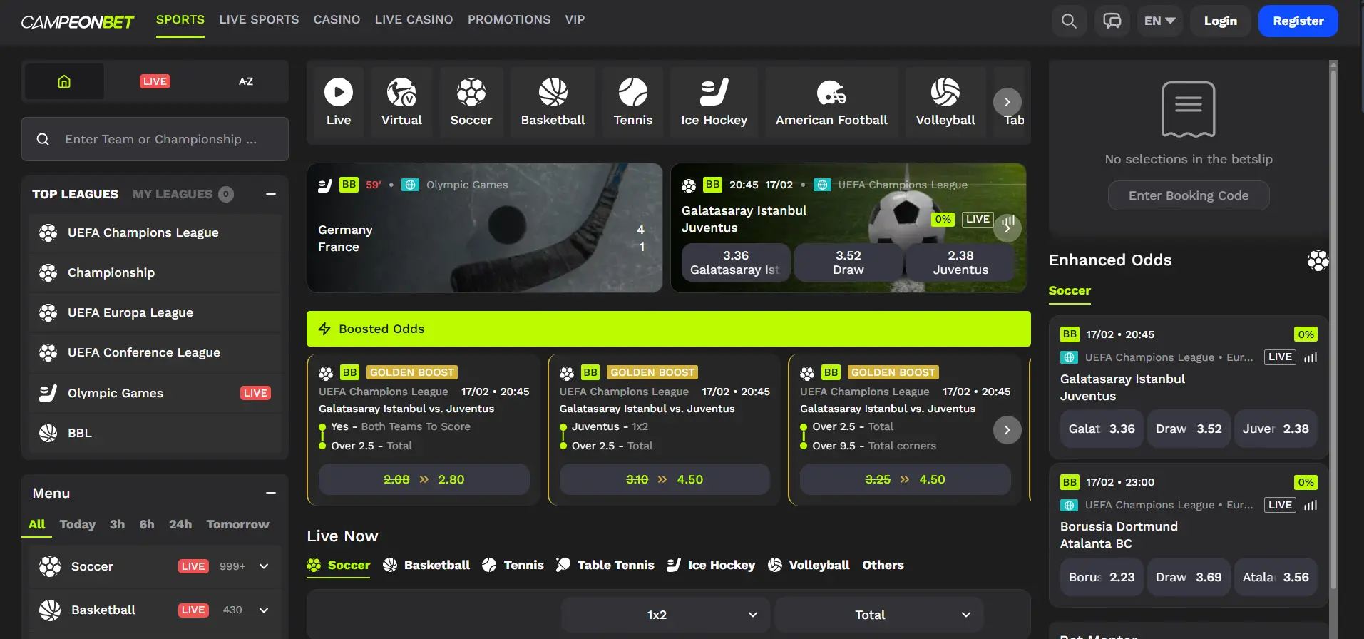 Campeonbet's sportsbook with matches and filtering options against a black background.