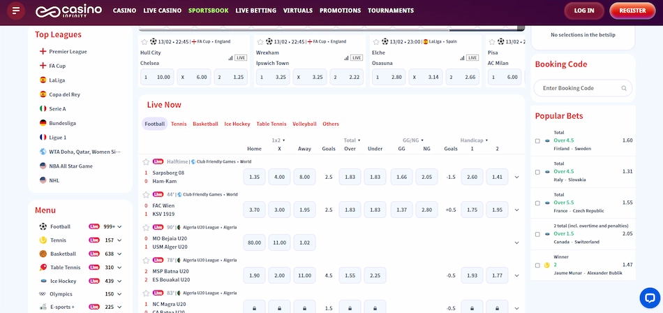 Casino Infinity's sports betting with selected top leagues and a menu against a white background.