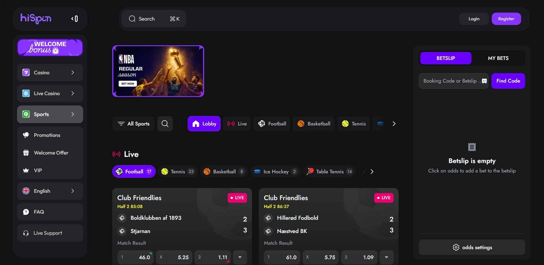 HiSpin Casino's sportsbook with selected events, branches and menu against a black background.