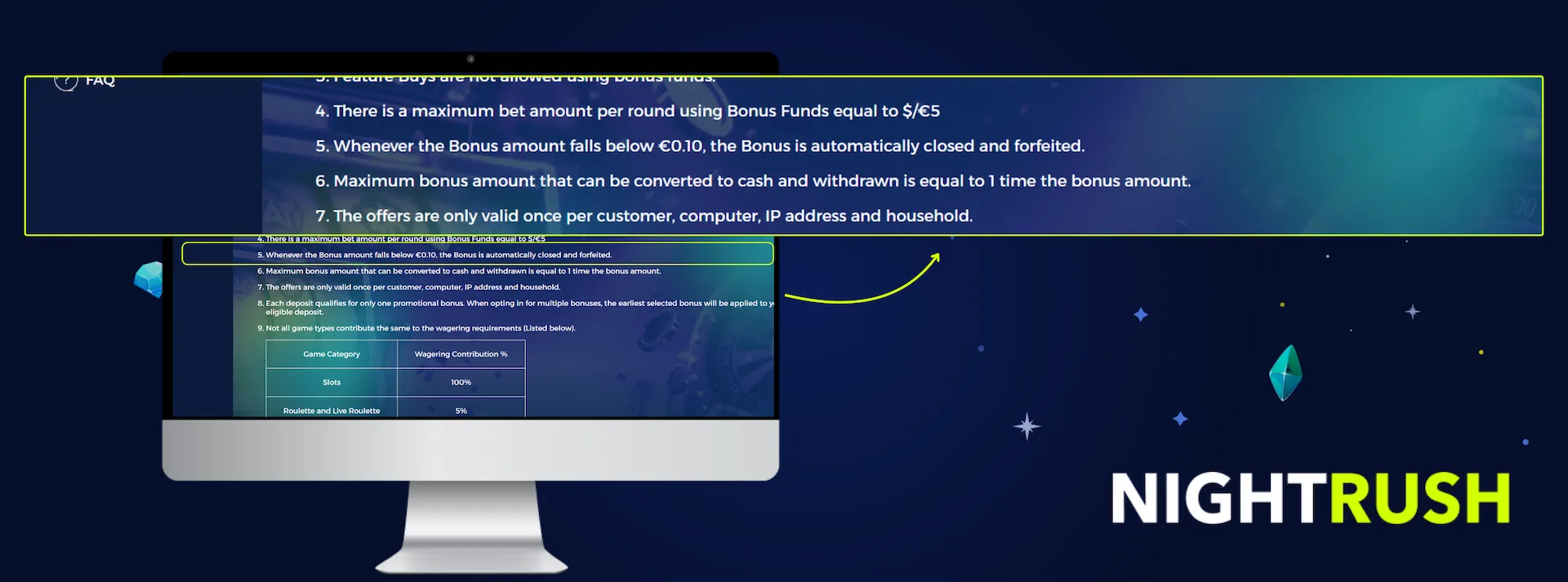 Vivaspin Casino's terms on a screen with a highlighted section against a blue backdrop.