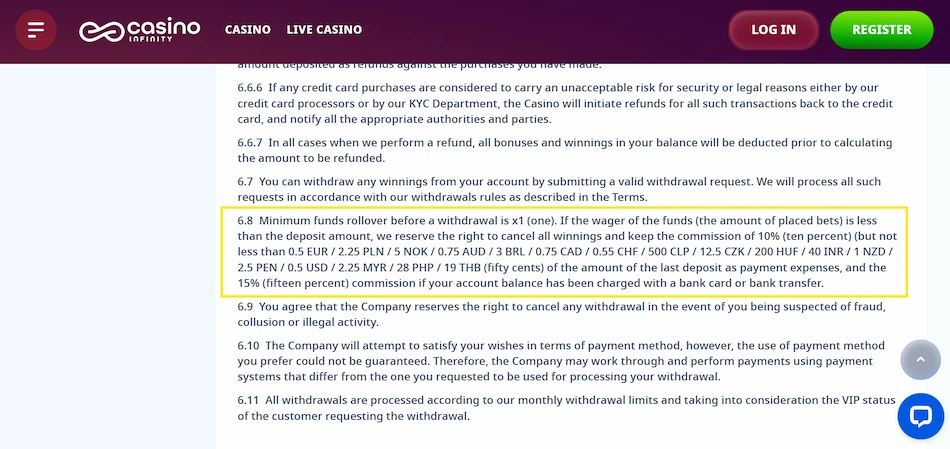 Casino Infinity's terms with a minimum funds rollover rule against a white background.