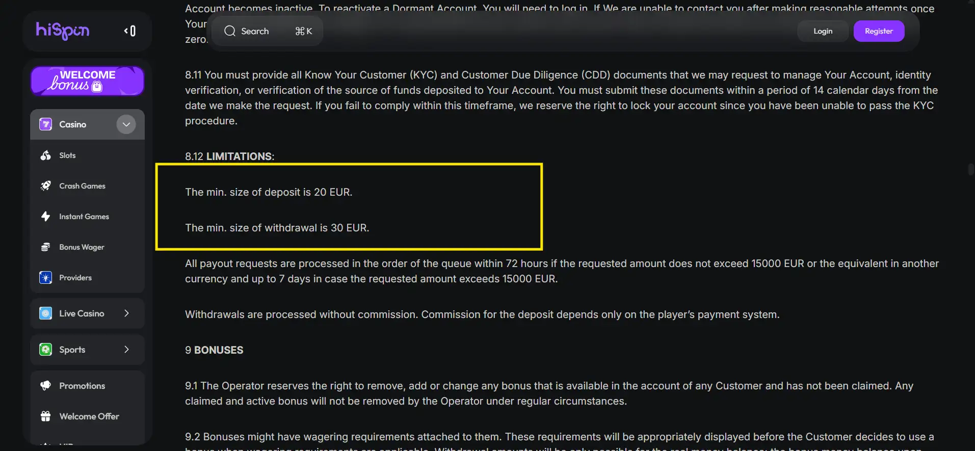 HiSpin Casino's terms with limitations highlighted against a black background.