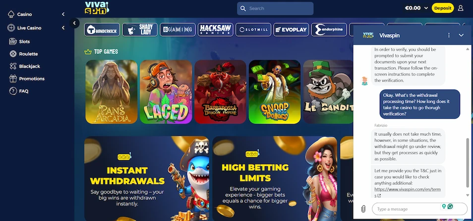 Vivaspin Casino's main page with a live chat conversation against a blue backdrop.