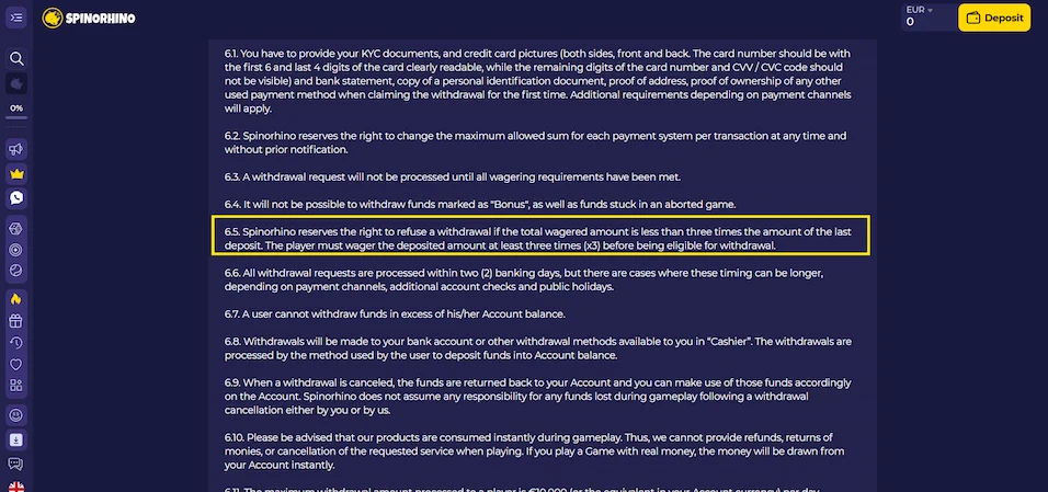 Spinorhino Casino's terms about withdrawal rules against a blue background.