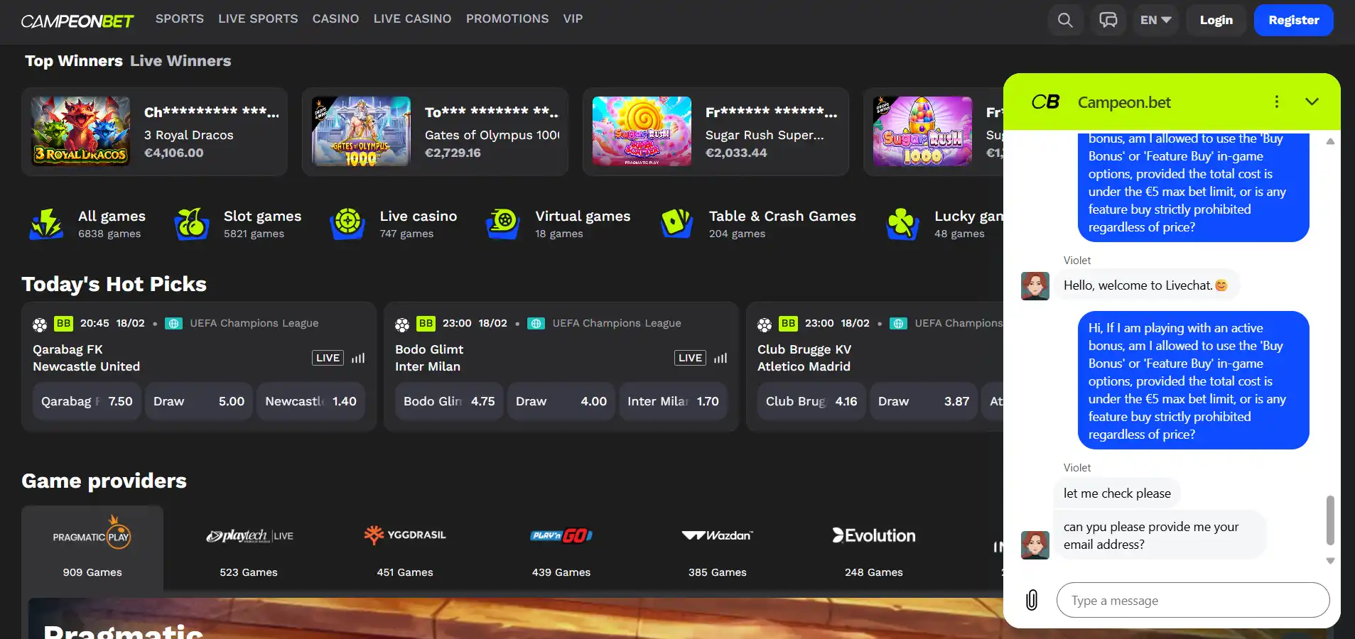 Campeonbet's live chat with the Nightrush editor talking against a black background.