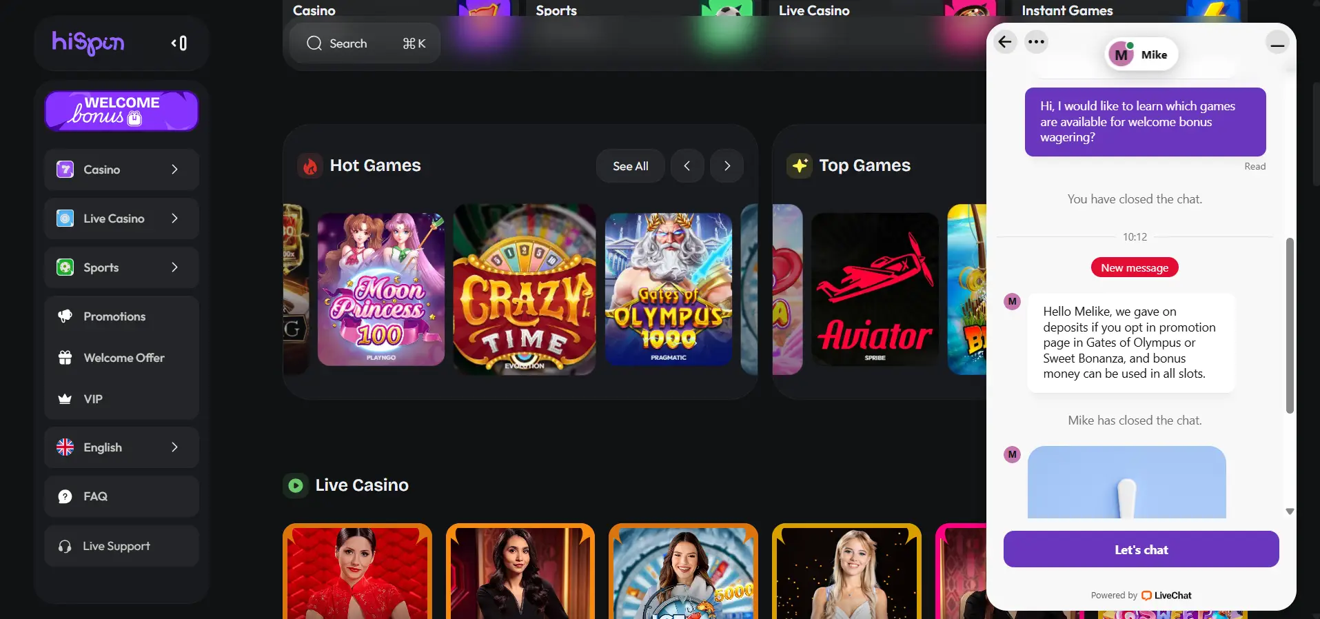 HiSpin Casino's main page with the Nightrush editor talking to a live chat operator.