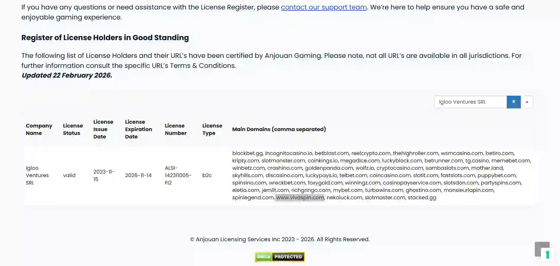 Anjouan Gaming's website with Vivaspin’s licence info against a white backdrop.