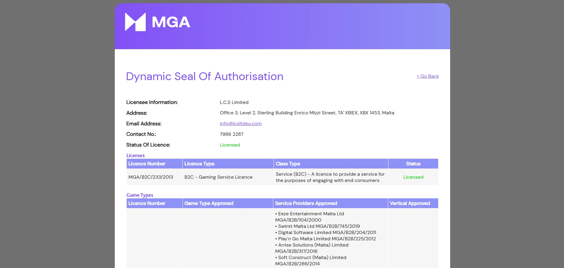 Owner of Campeonbet, L.C.S. Limited, holding an MGA licence, displayed against a white background.