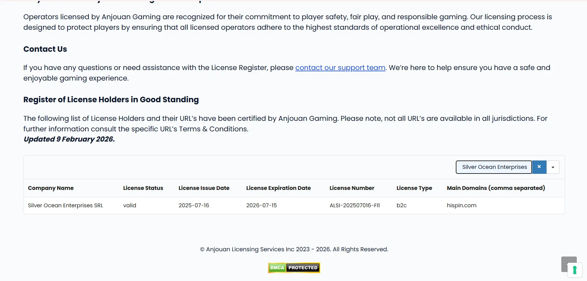 HiSpin casino's licensing details on the Anjouan Gaming website against a white background.
