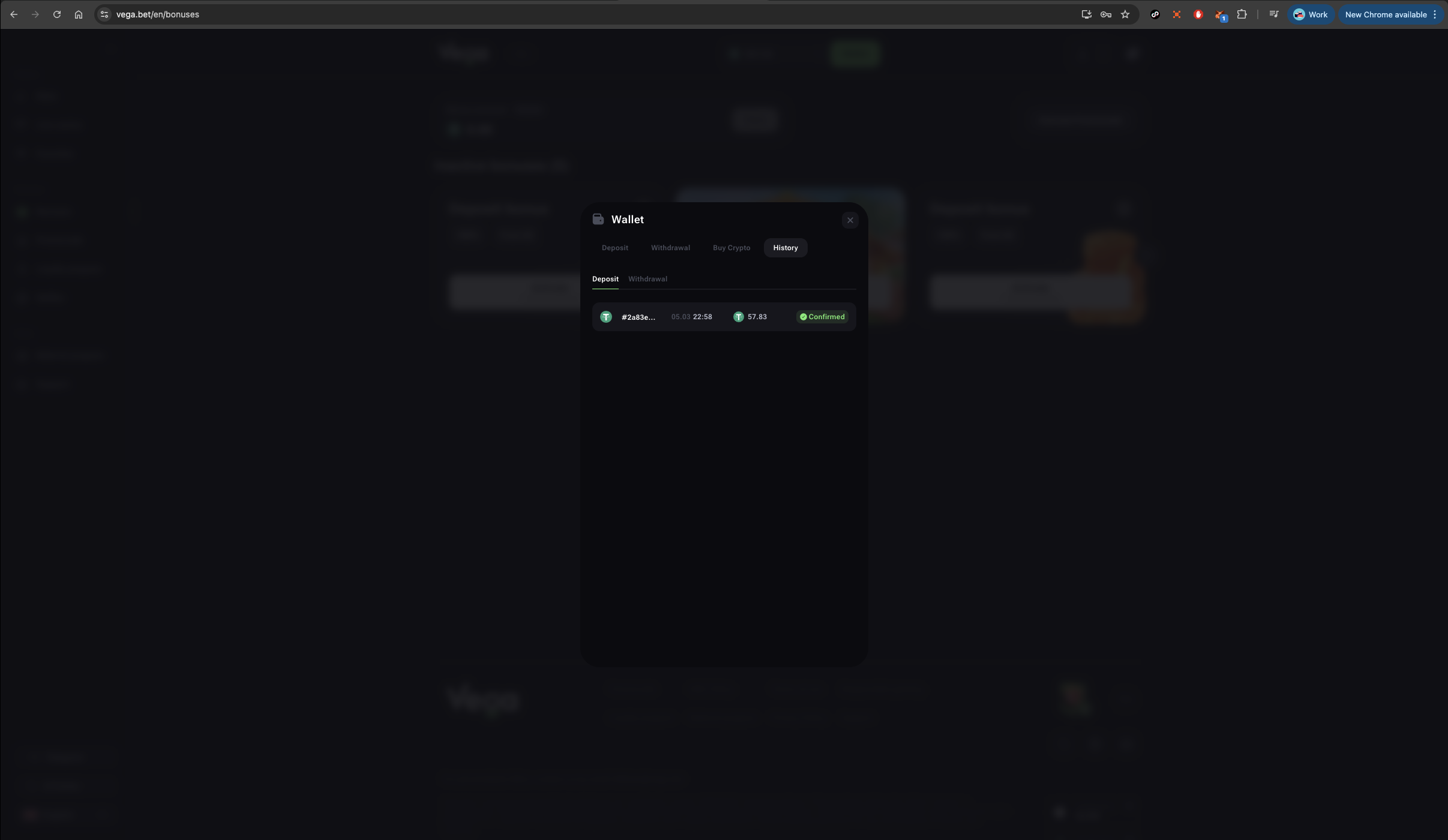 Vega.bet Casino Wallet History