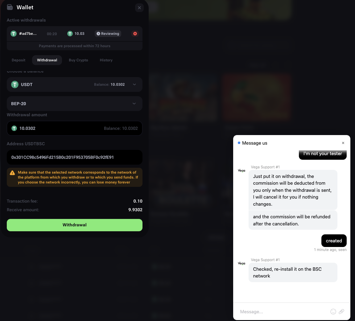 Vega.bet Casino Crypto Payment