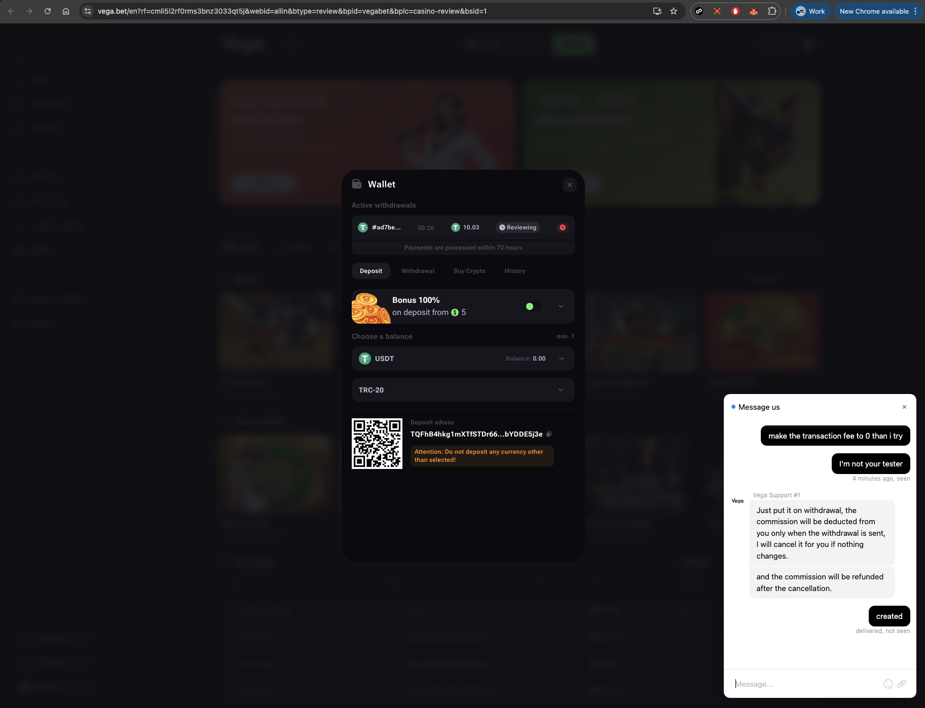 Vega.bet Casino Crypto Wallet