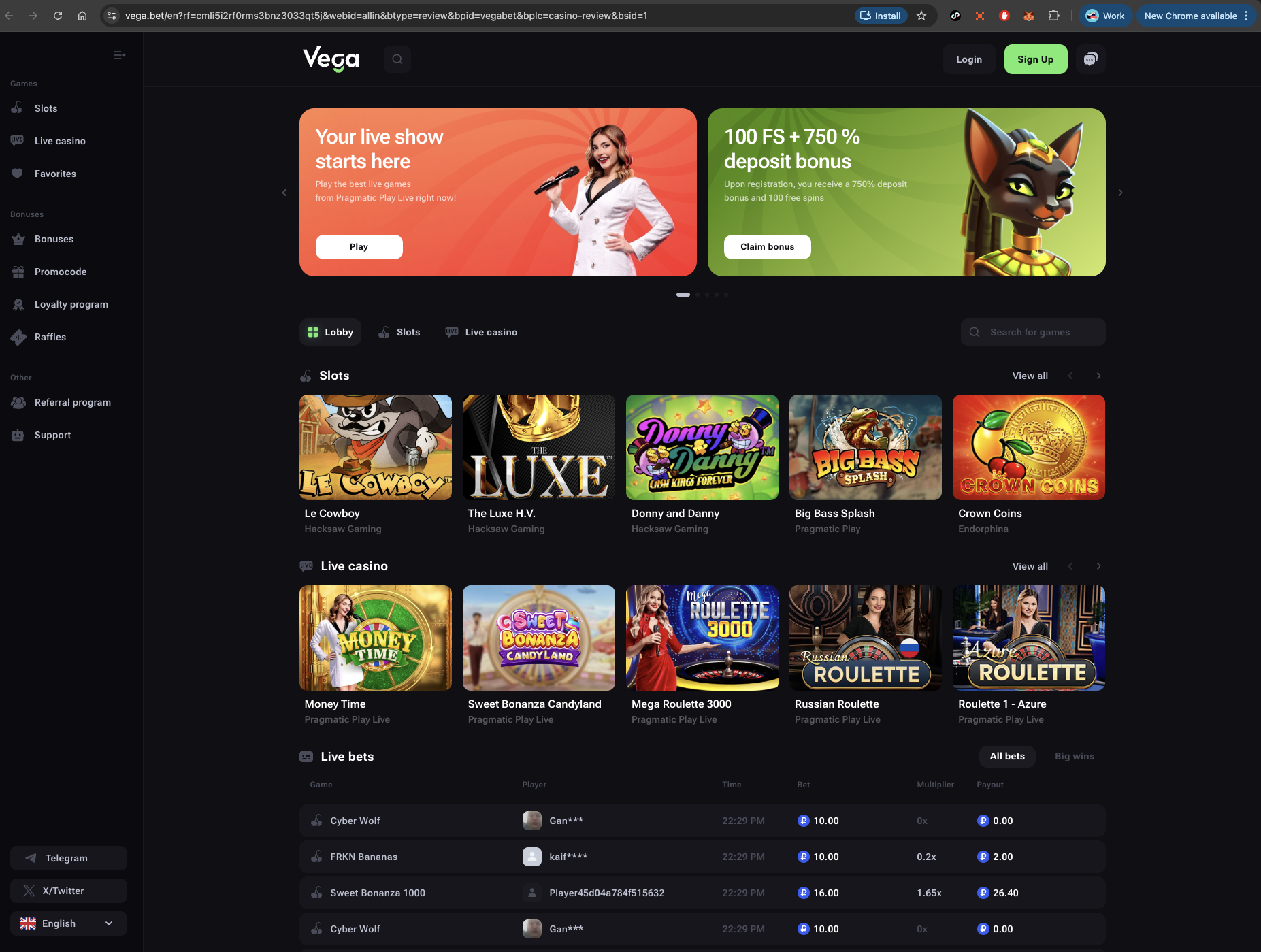 Vega.bet Casino Homepage