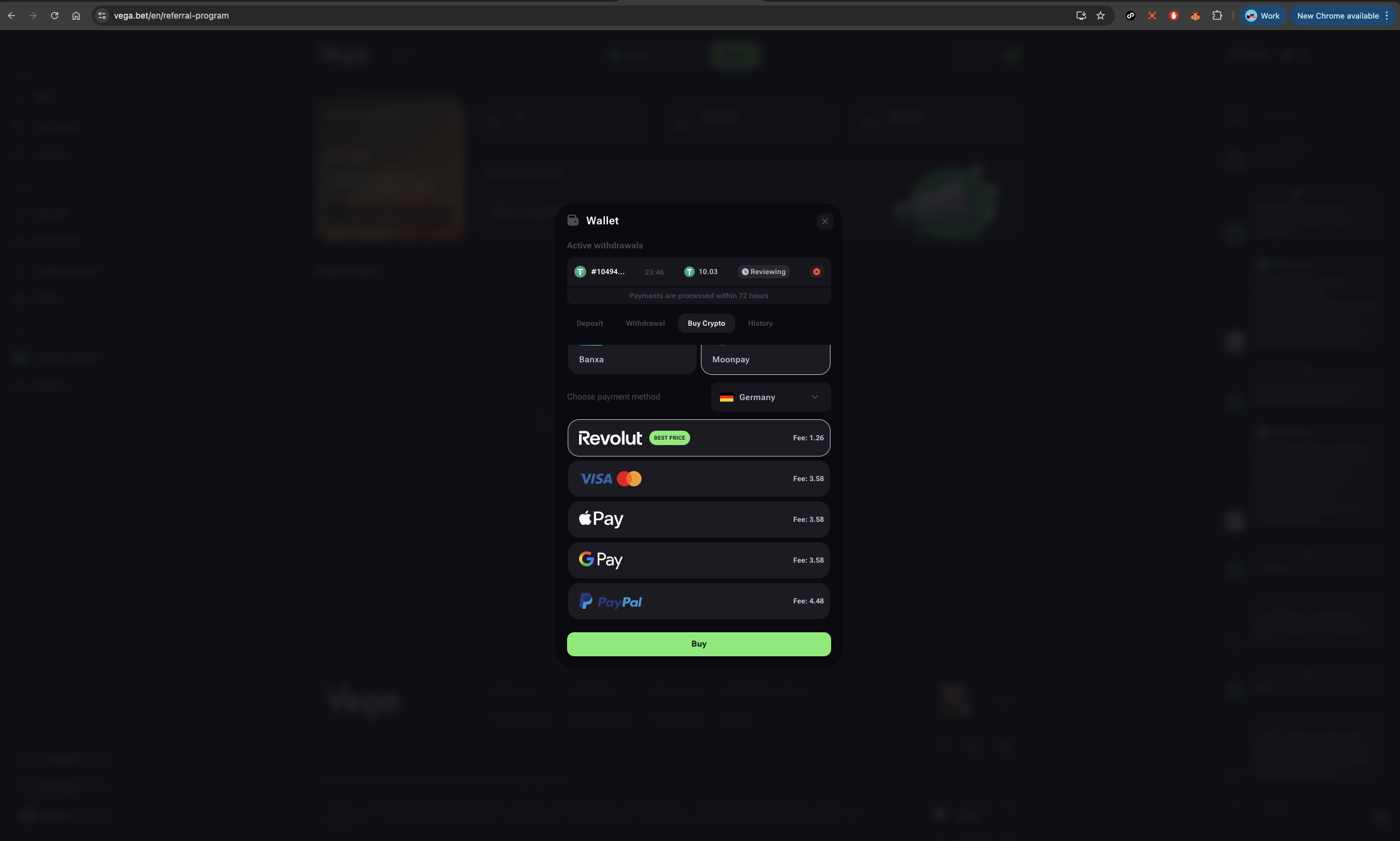 Vega.bet Casino Payment Methods