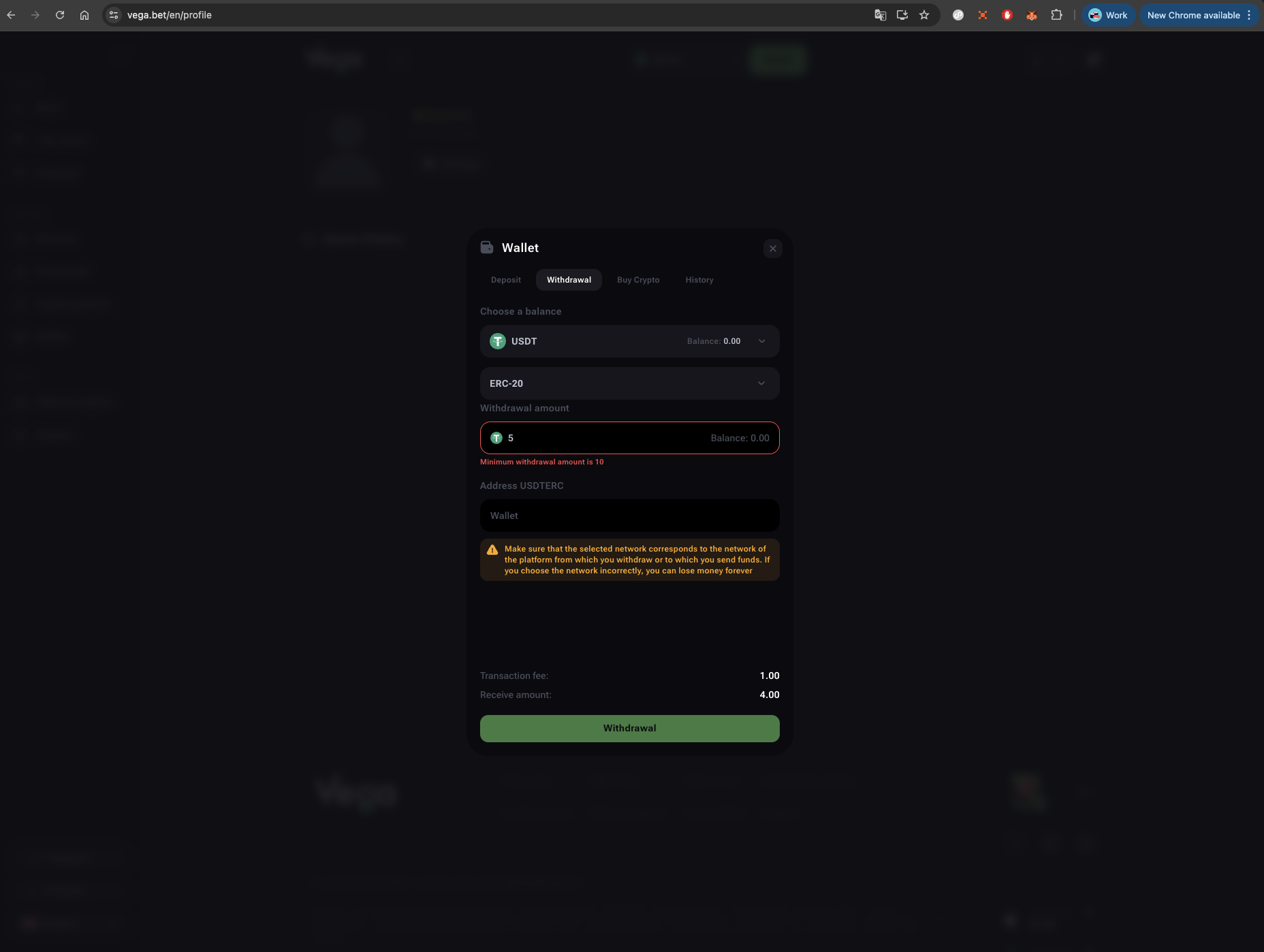 Vega.bet Casino Withdrawal Crypto