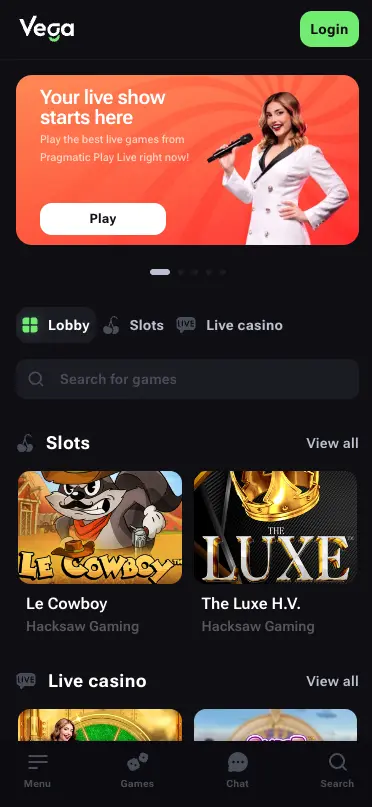 Vega.bet Casino Mobile Homepage