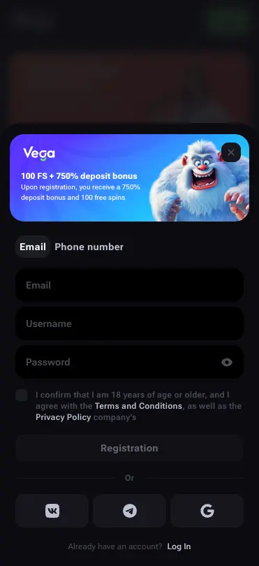 Vega.bet Casino Mobile Sign Up
