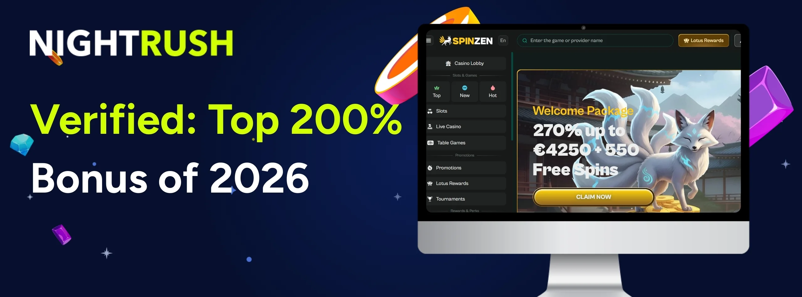 NightRush Verified Top 200% Bonus of 2026 banner featuring Spinzen casino welcome package on desktop screen