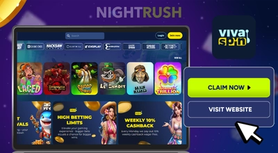 Vivaspin casino on a laptop with its logo, a coin and a visit website button against a starry background.