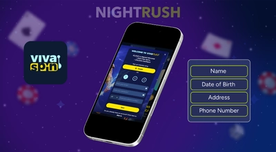 Vivaspin casino on a phone with its logo and details button against a starry background.